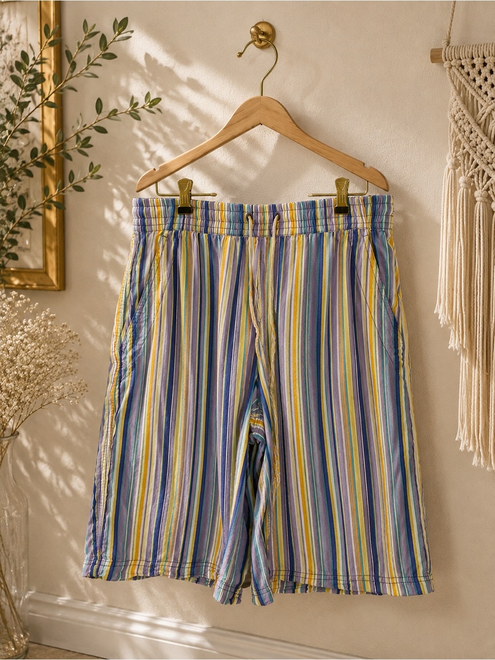 Free People Multicolor Striped Pull-On Shorts S Smocked Drawstring Boho